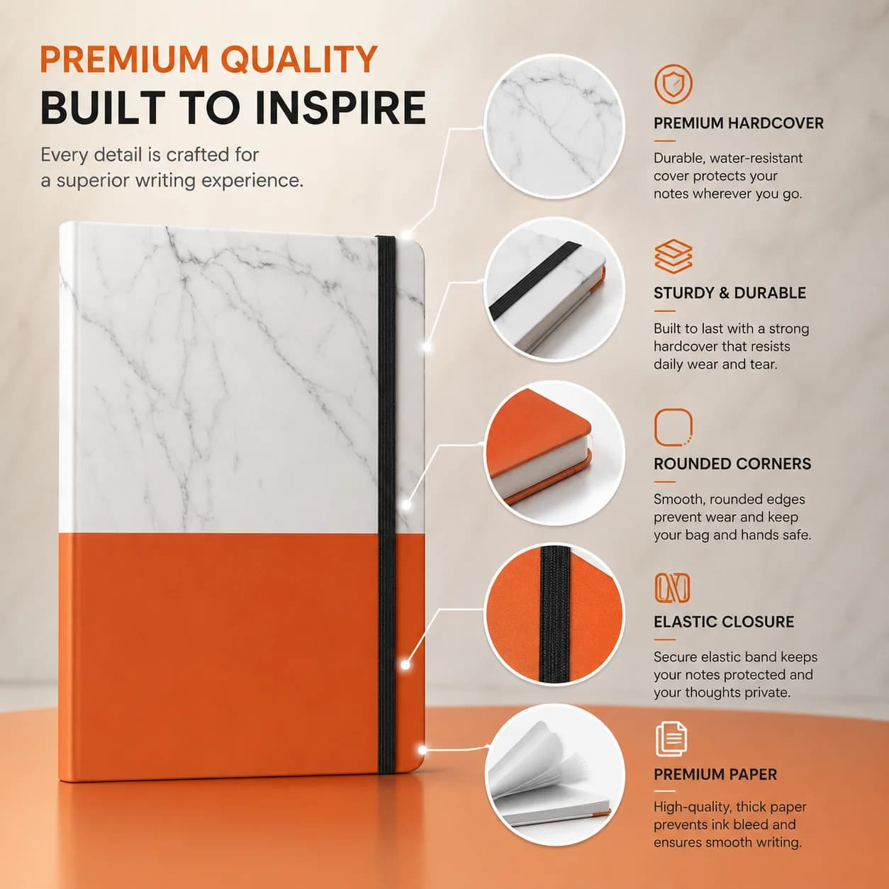 Elegant Marble & Orange Hardcover Journal Notebook view 2