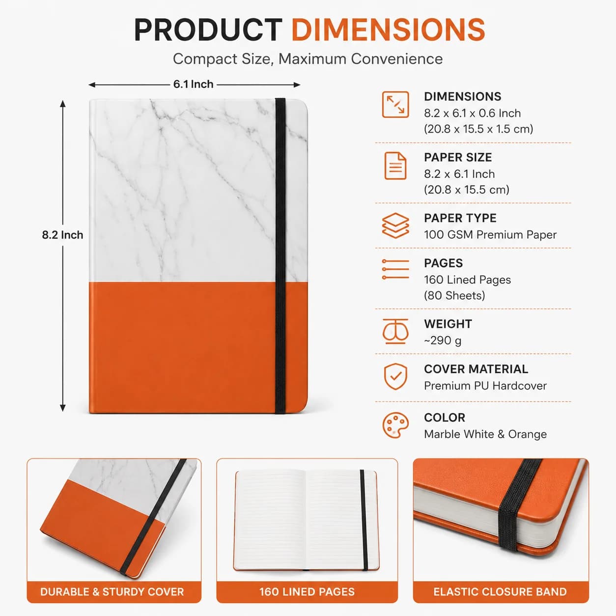 Elegant Marble & Orange Hardcover Journal Notebook view 4
