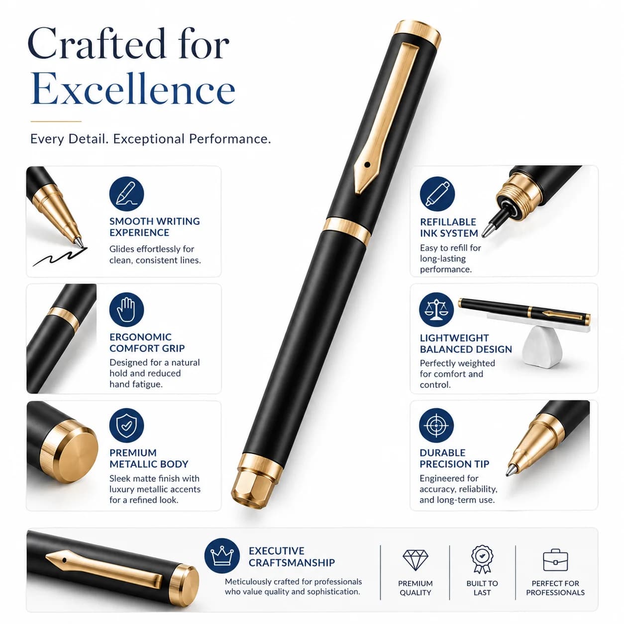 Premium Black & Gold Metal Roller Ball Pen P51301  view 4