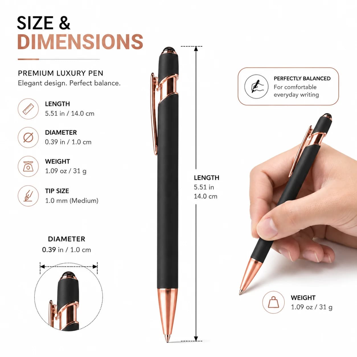 Premium Matte Black Executive Ball Pen with Rose Gold Accents view 2