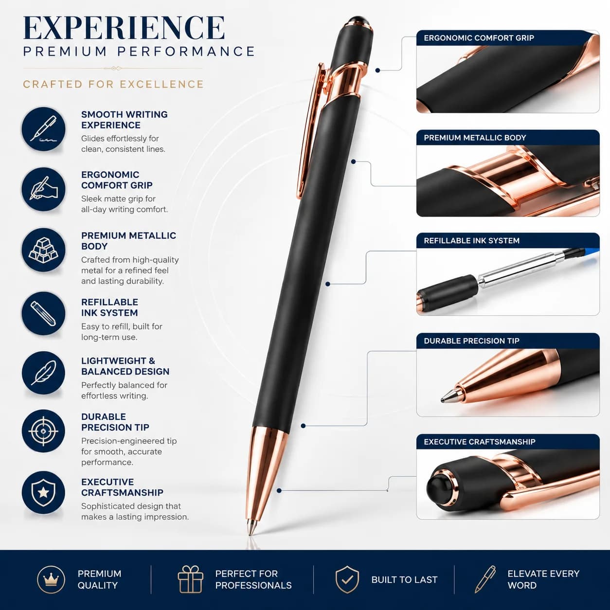 Premium Matte Black Executive Ball Pen with Rose Gold Accents view 4