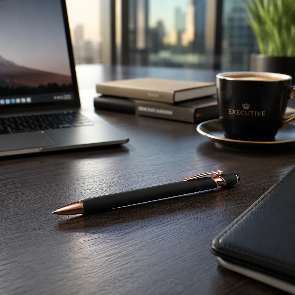 Premium Matte Black Executive Ball Pen with Rose Gold Accents view 5