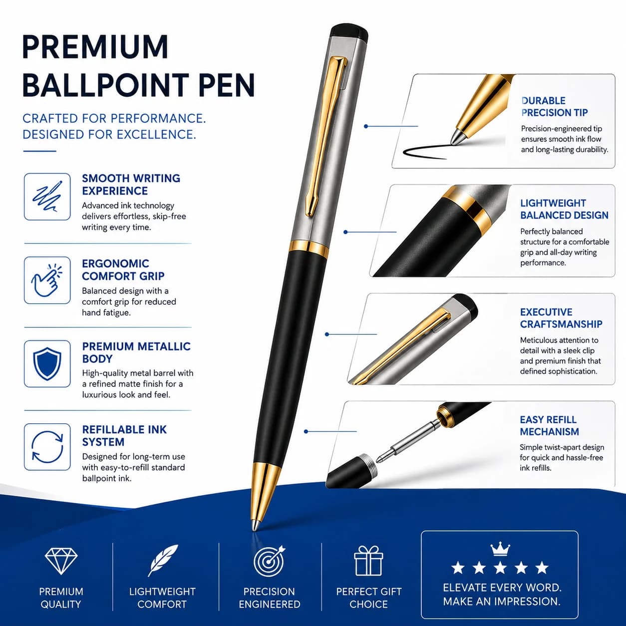 Premium Executive Ball Pen With Gold Accents view 3