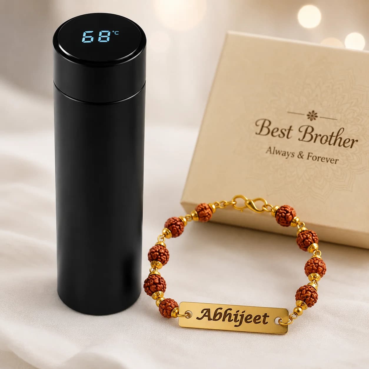 Smart LED Temperature Display Bottle with Customized Name Rakhi