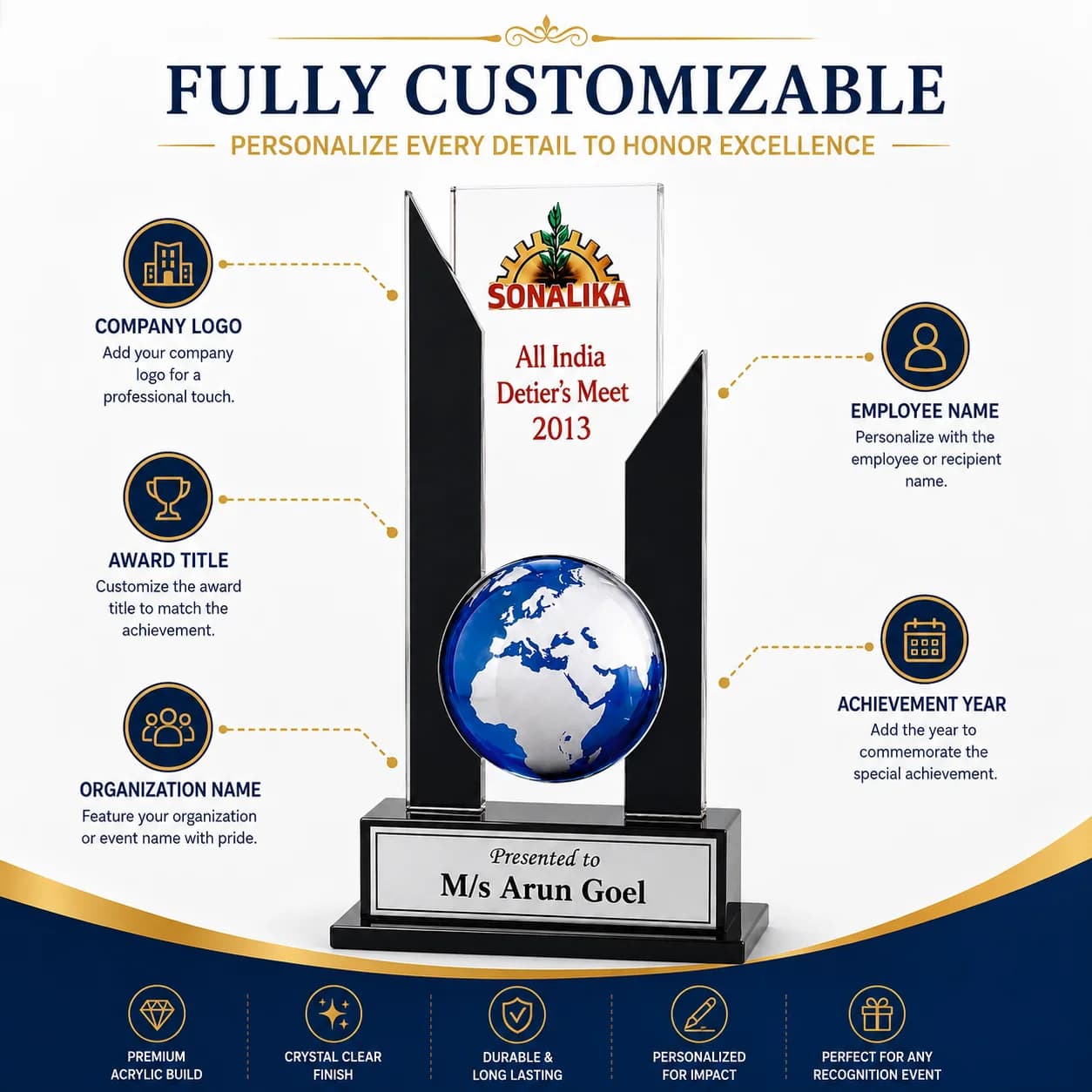 Customized Acrylic Trophy Award with Globe Design view 4