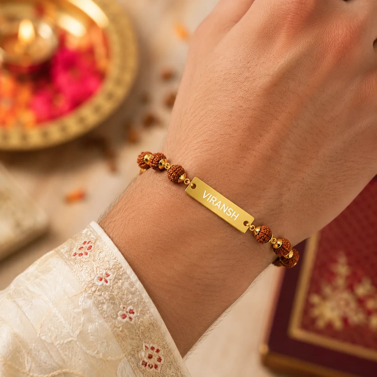 Custom Engraved Gold Finish Name Plate Rakhi view 3