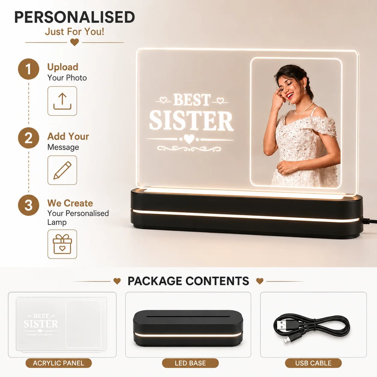 Custom Photo & Name Engraved Light | Birthday, Raksha Bandhan & Sister Appreciation Gift view 3