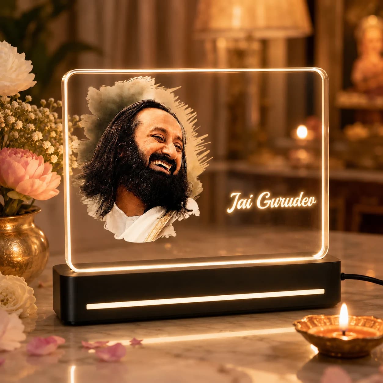 Custom Photo Engraved Guru LED Light | Jai Gurudev Acrylic Table Lamp | Devotional Gift view 1