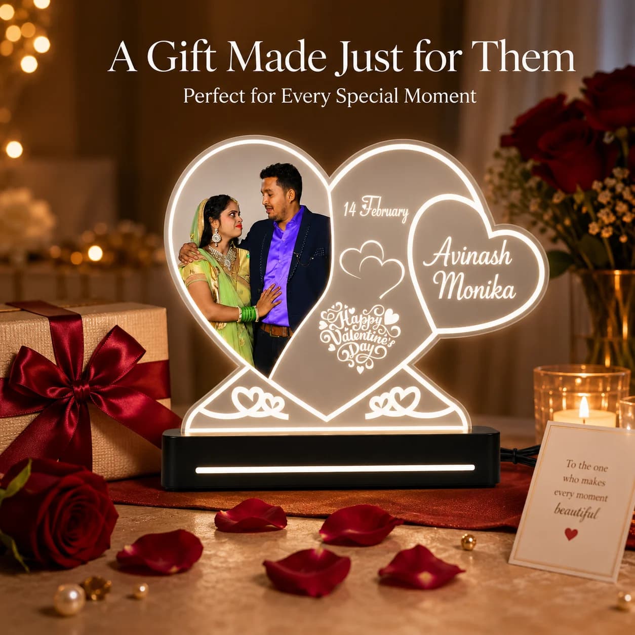 Custom Photo & Name Engraved Light | Anniversary, Valentine's Day, Wedding & Birthday Gift for Couples view 1