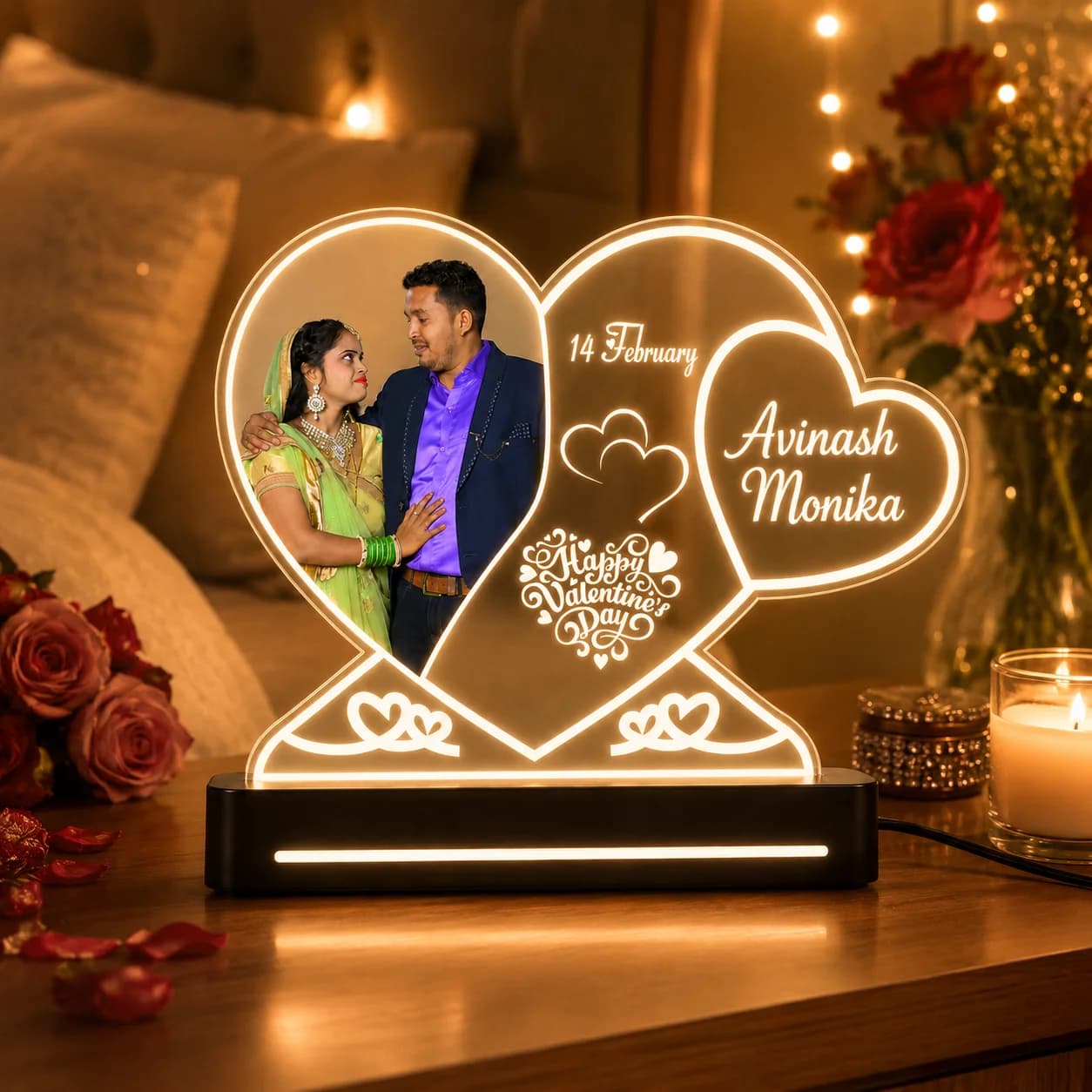 Custom Photo & Name Engraved Light | Anniversary, Valentine's Day, Wedding & Birthday Gift for Couples view 3