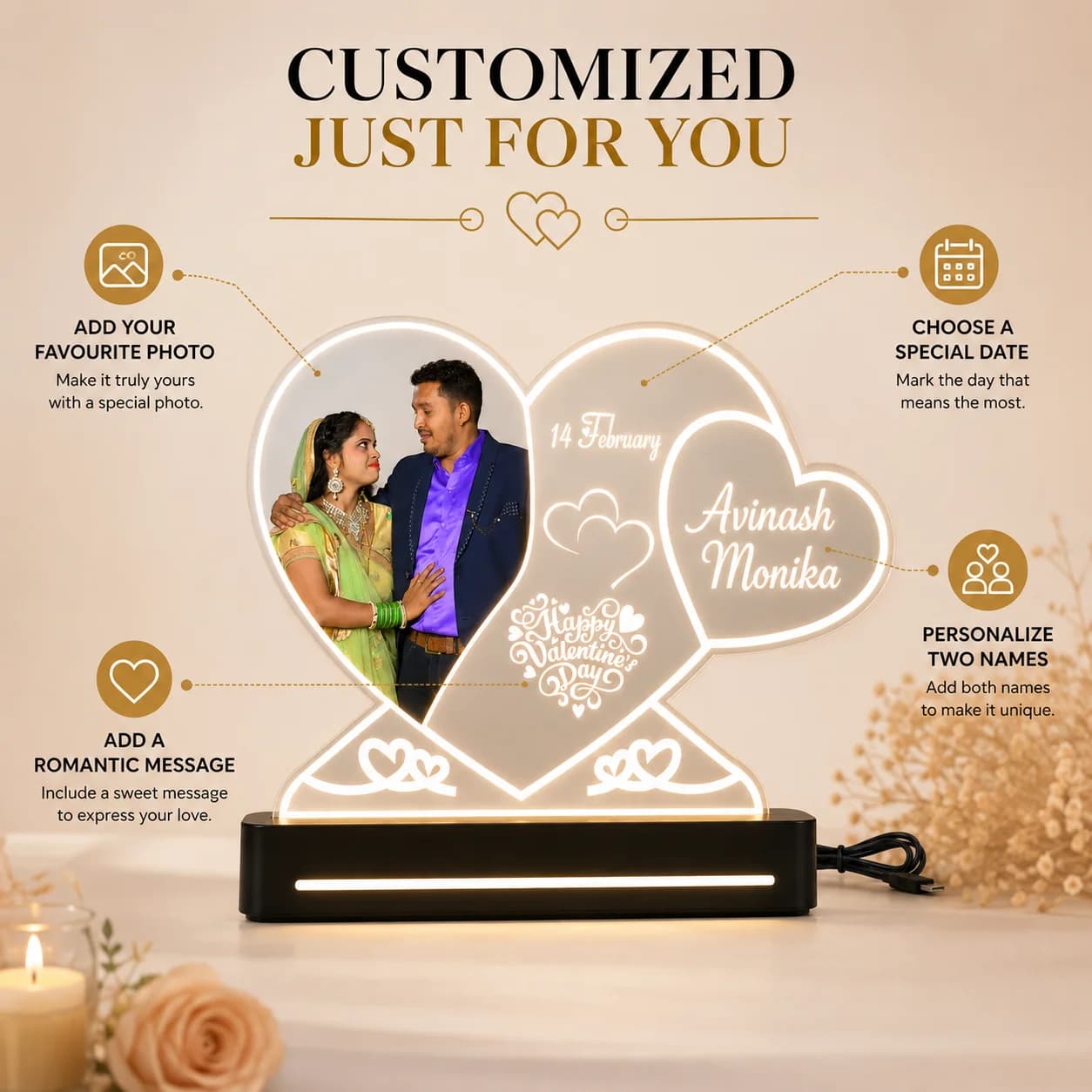 Custom Photo & Name Engraved Light | Anniversary, Valentine's Day, Wedding & Birthday Gift for Couples view 4