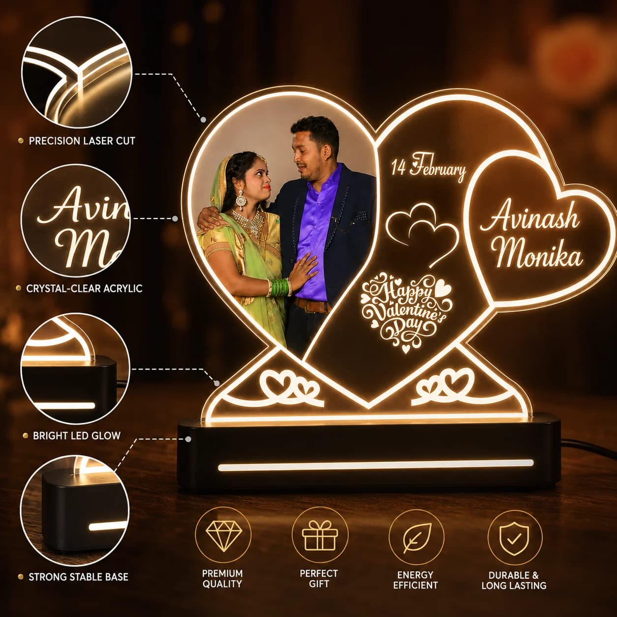 Custom Photo & Name Engraved Light | Anniversary, Valentine's Day, Wedding & Birthday Gift for Couples view 5