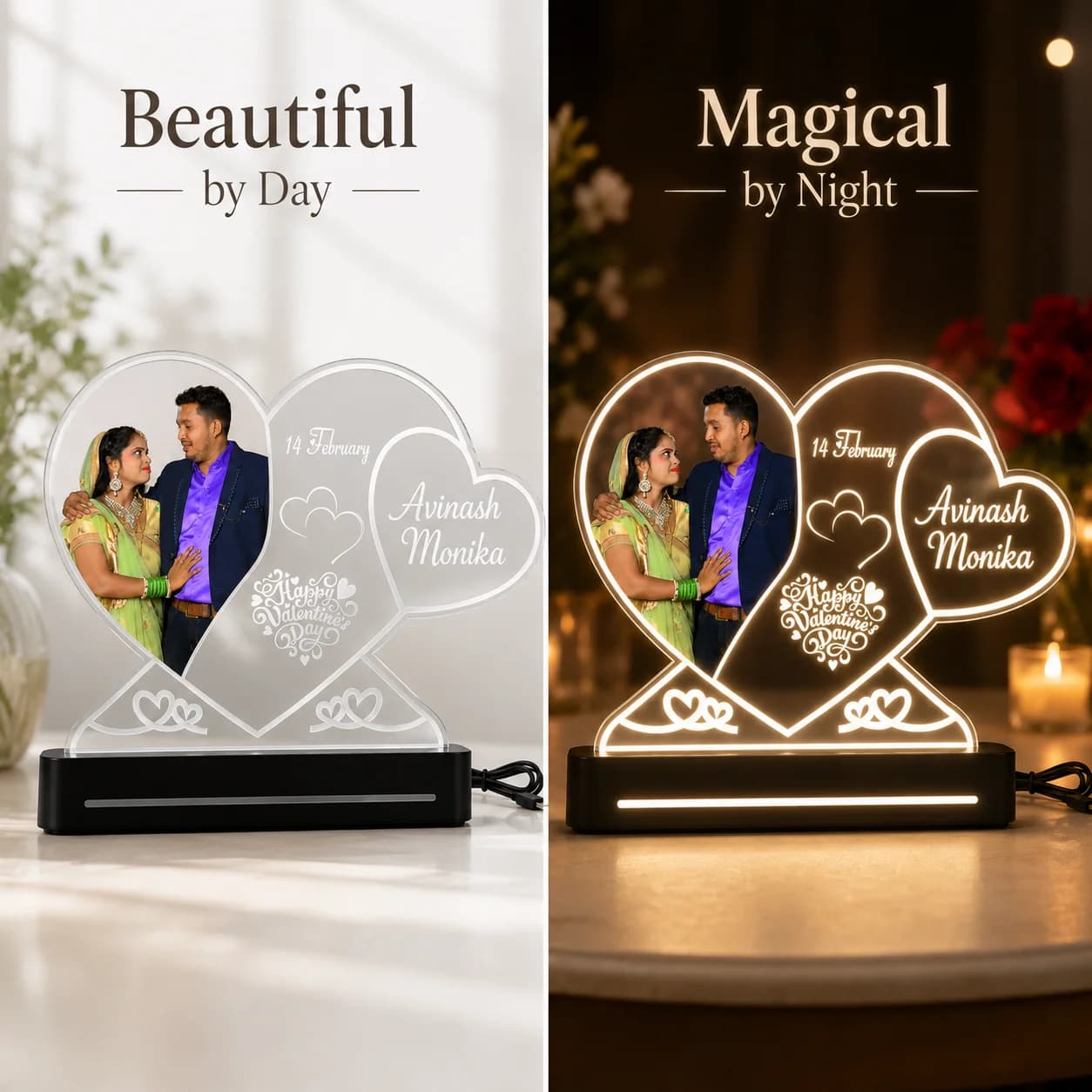 Custom Photo & Name Engraved Light | Anniversary, Valentine's Day, Wedding & Birthday Gift for Couples view 6