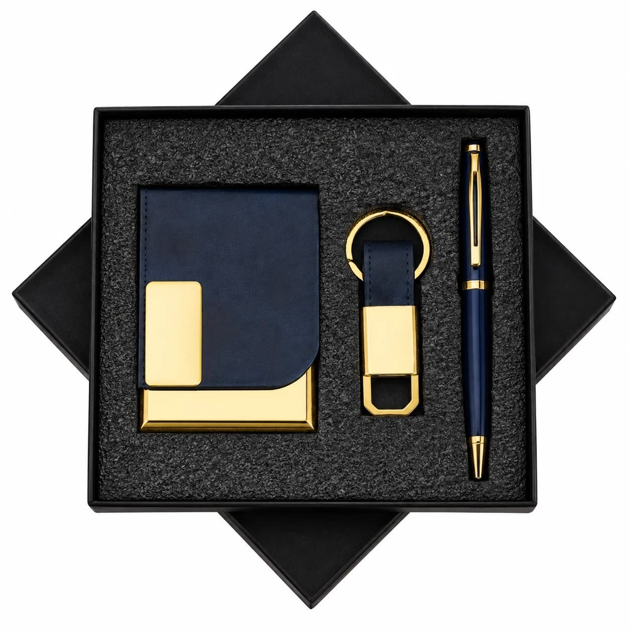 Premium Blue & Gold Card Holder, Pen & Keychain Gift Set | Luxury Corporate Gift Set view 2