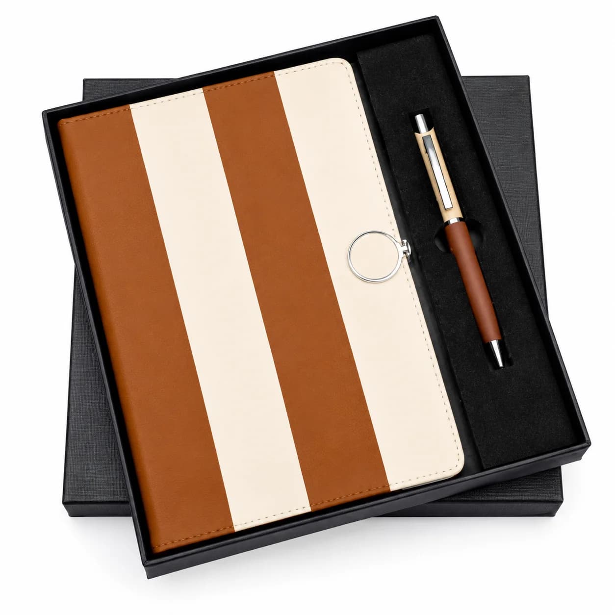 Premium Tan & Cream Leatherette Notebook Gift Set with Matching Pen & Keychain – Elegant Corporate Gift Set view 1