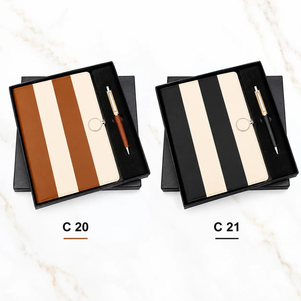 Premium Tan & Cream Leatherette Notebook Gift Set with Matching Pen & Keychain – Elegant Corporate Gift Set view 2
