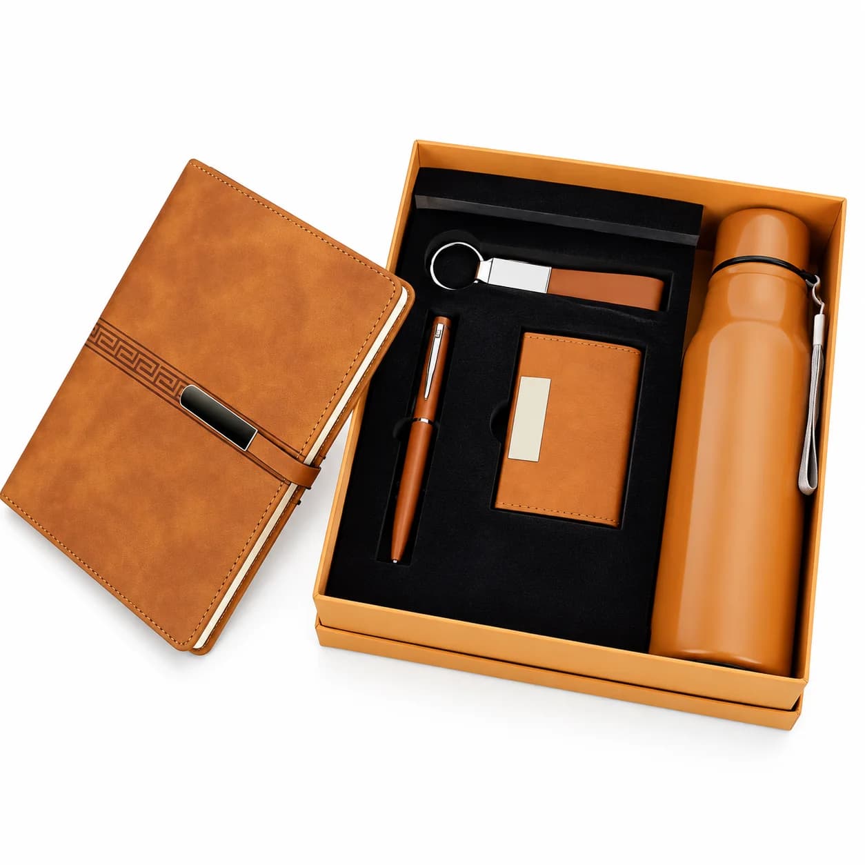 Premium Executive Gift Set with Leatherette Notebook, Pen, Card Holder, Keychain & Water Bottle view 1