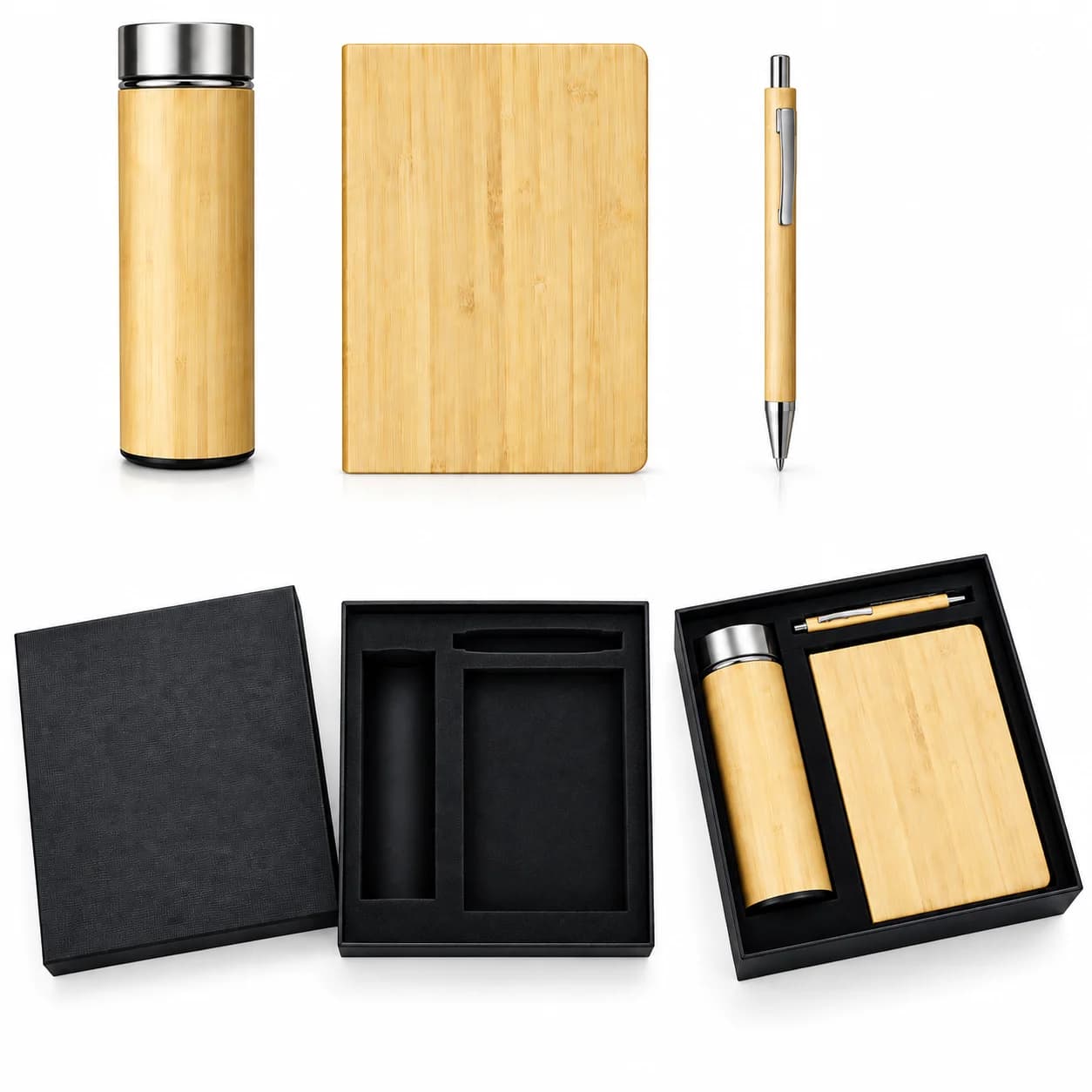 Premium Bamboo Diary, Pen & Insulated Bottle Gift Set – 3-Piece Corporate Gift Set view 2