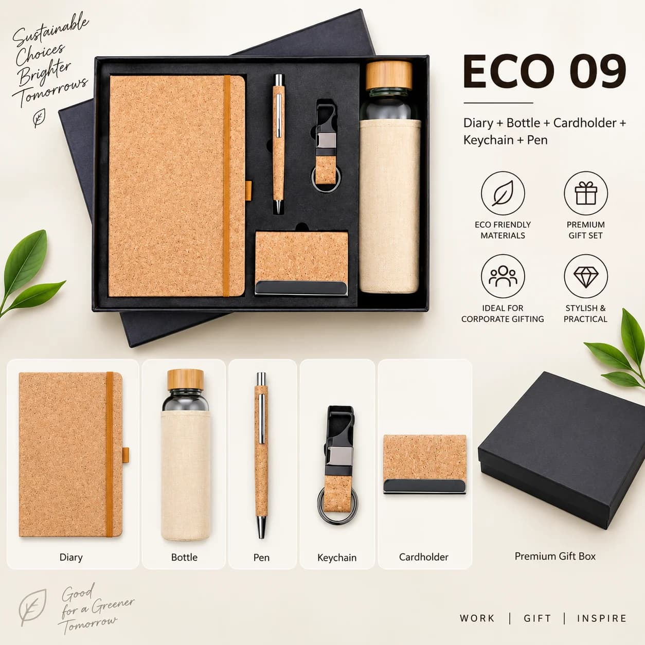 Premium Eco-Friendly Corporate Gift Set – Cork Diary, Insulated Bottle, Card Holder, Keychain & Pen view 2
