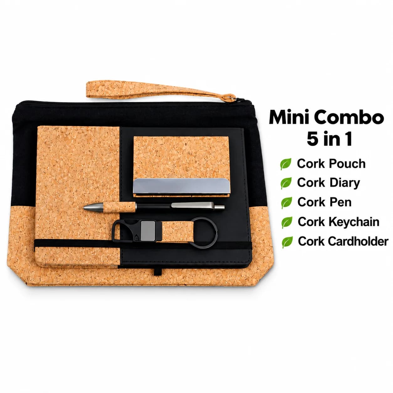 Premium Cork Gift Set 5-in-1 – Cork Pouch, Diary, Pen, Keychain & Card Holder Combo view 2