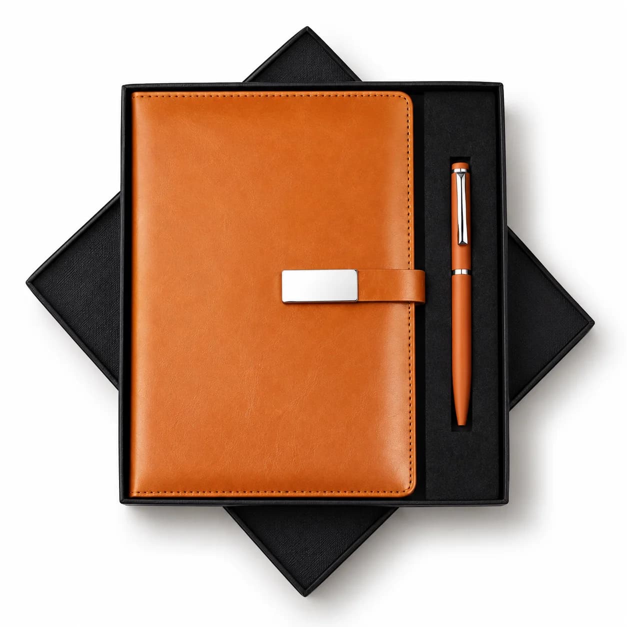 Premium Orange Leatherette A5 Notebook & Pen Gift Set with Magnetic Closure